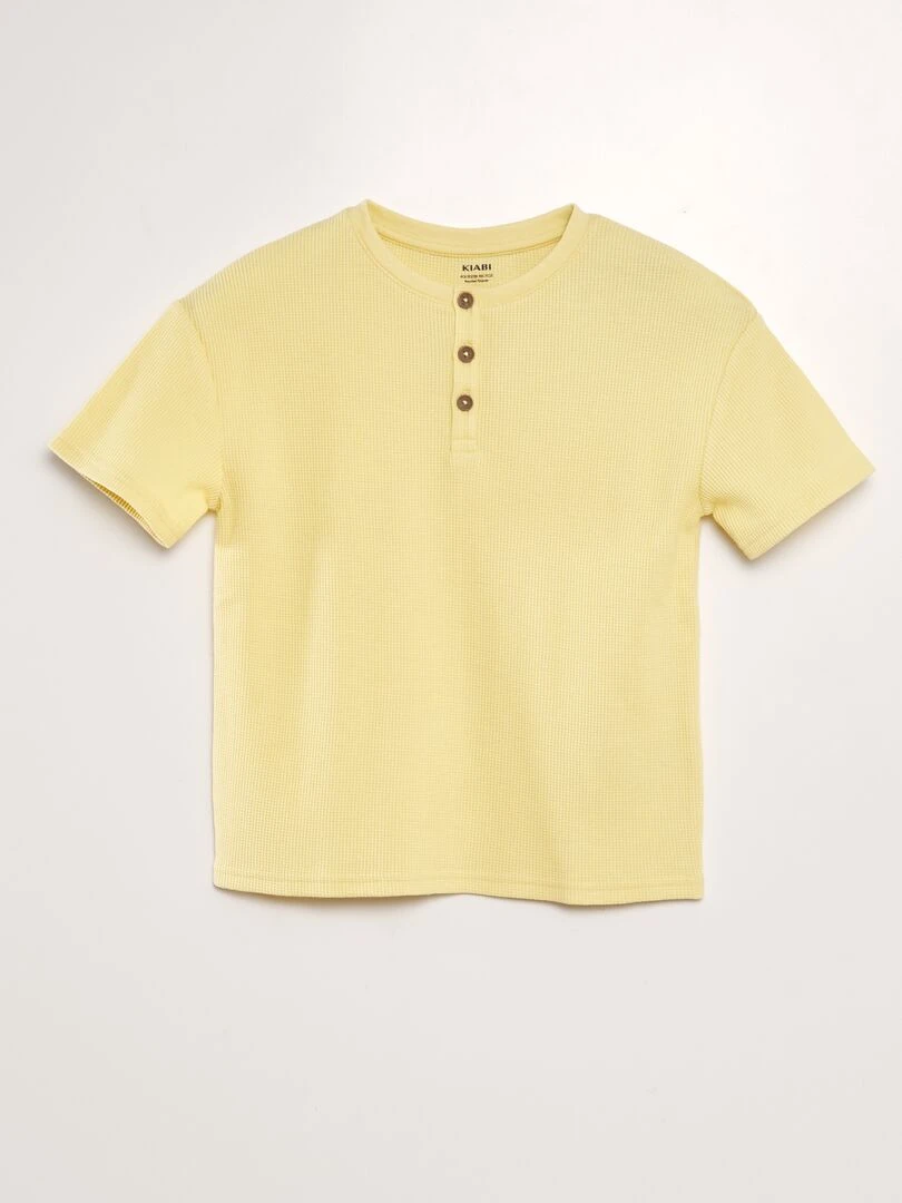 T shirt texturé à col tunisien Jaune
