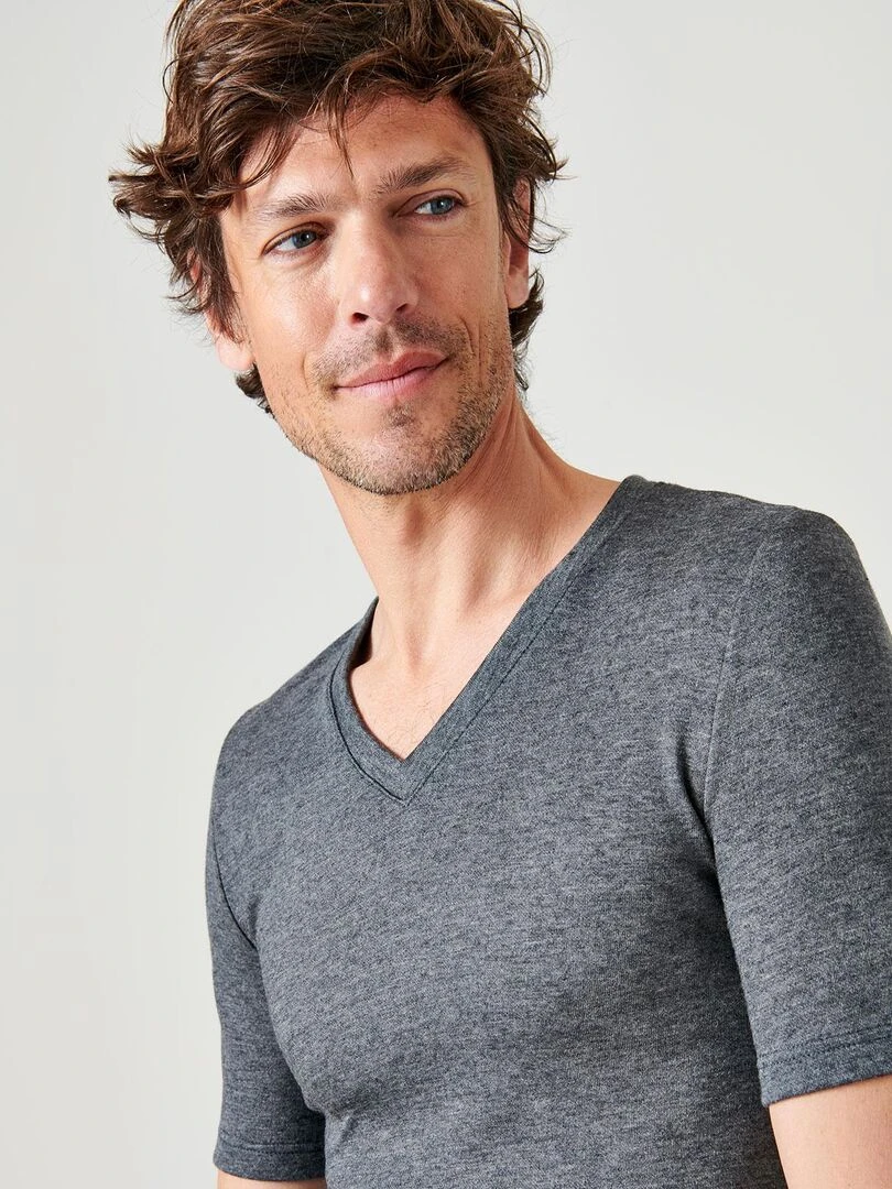 T shirt double face col V Thermolactyl Damart Gris