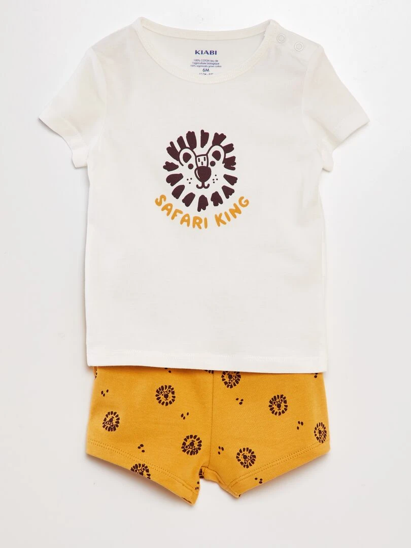 Ensemble T shirt + short en coton 2 pièces Blanc / jaune