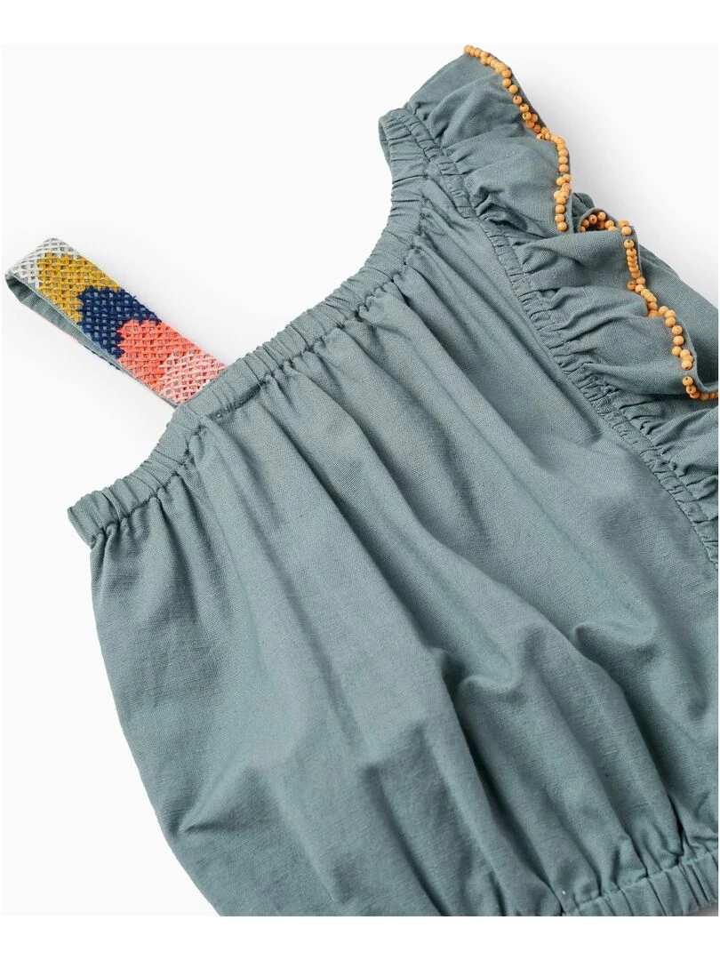 Haut En Coton Et Lin Avec Broderies Et Perles Pour Fille manches courtes   Vert