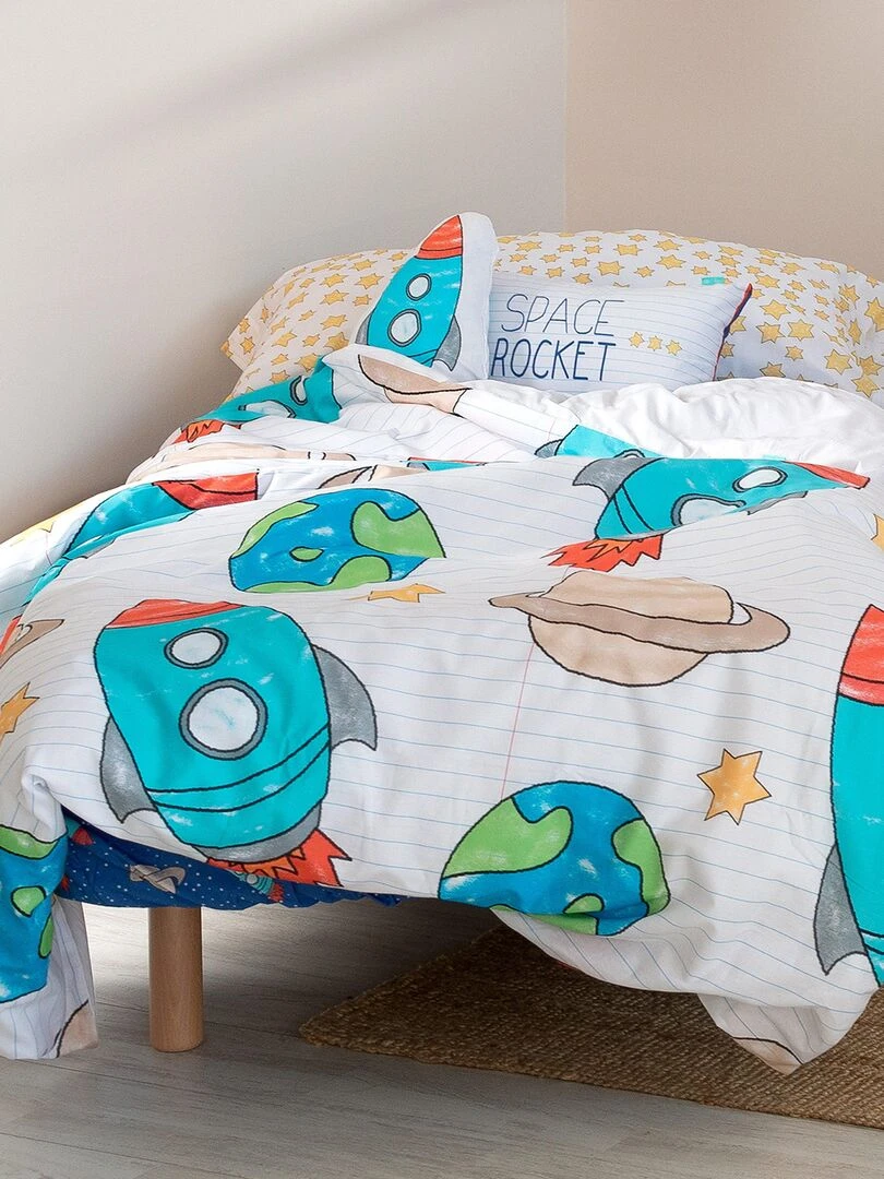 Parure housse de couette 2 pièces Space rocket "Happyfriday" Bleu Blanc