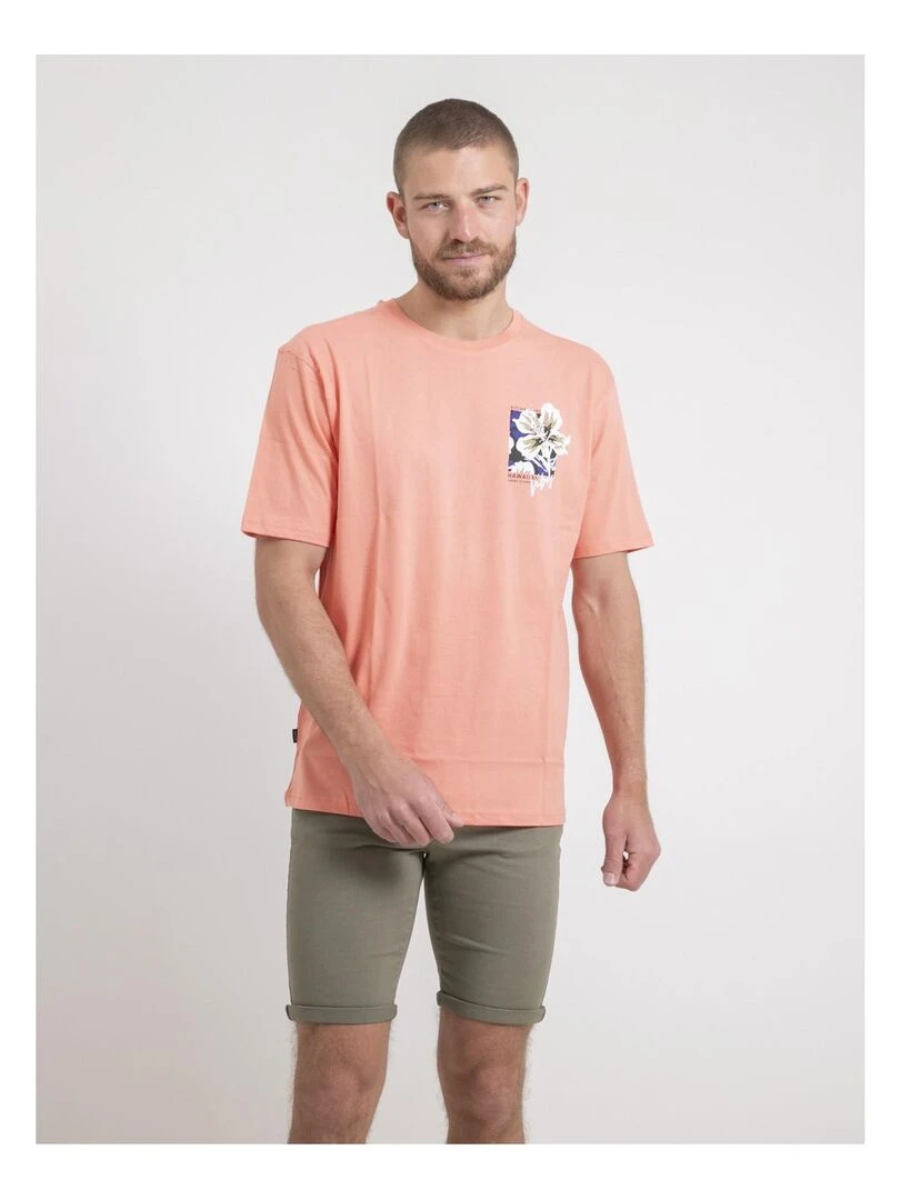 T shirt col rond oversize pur coton NOFENIX Orange corail