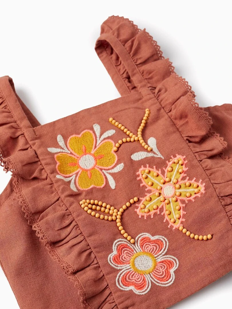 Haut En Coton Et Lin Avec Broderies Et Perles Pour Fille manches courtes   Orange clémentine