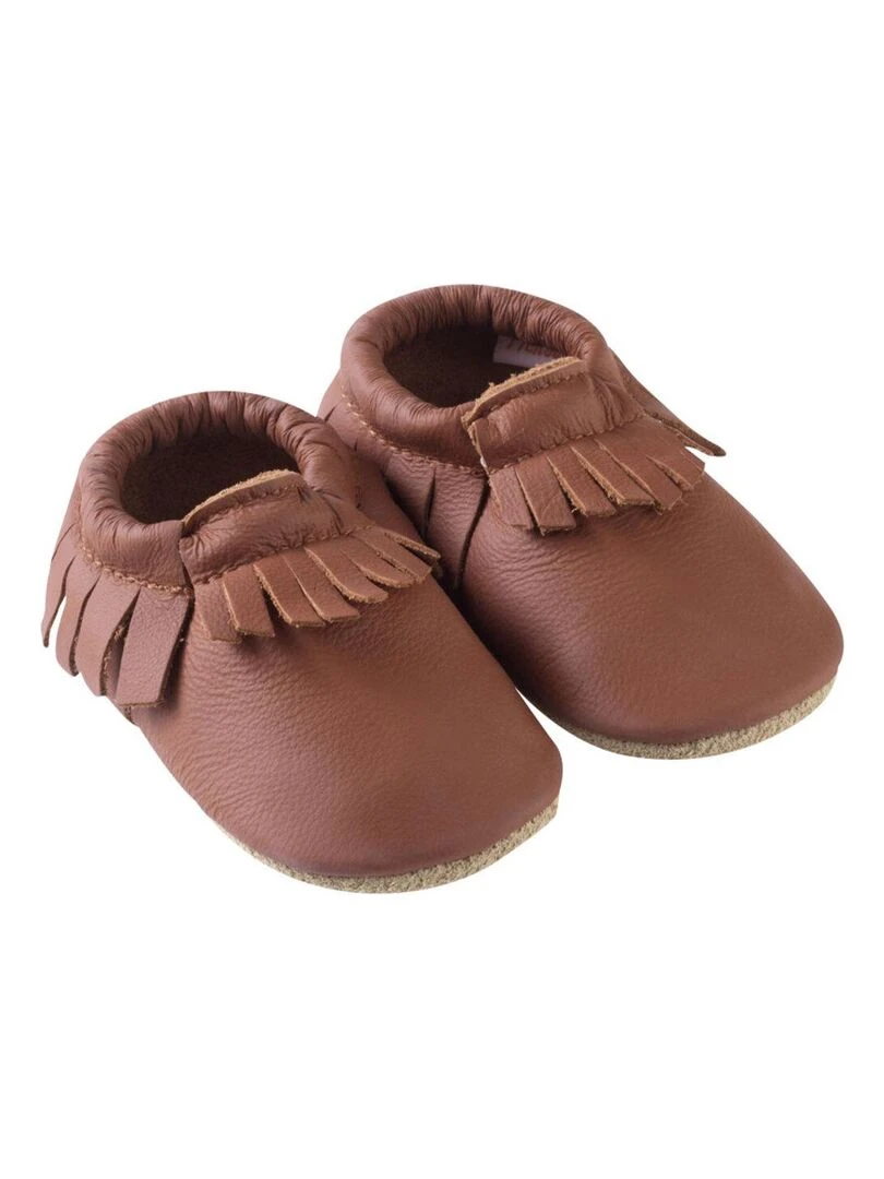 Chaussons cuir souple à franges marron Marron noisette
