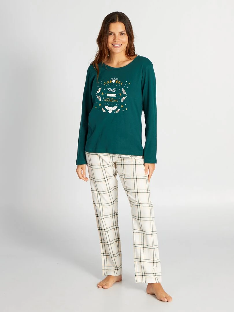 Pyjama long t shirt + pantalon en flanelle 2 pièces Vert