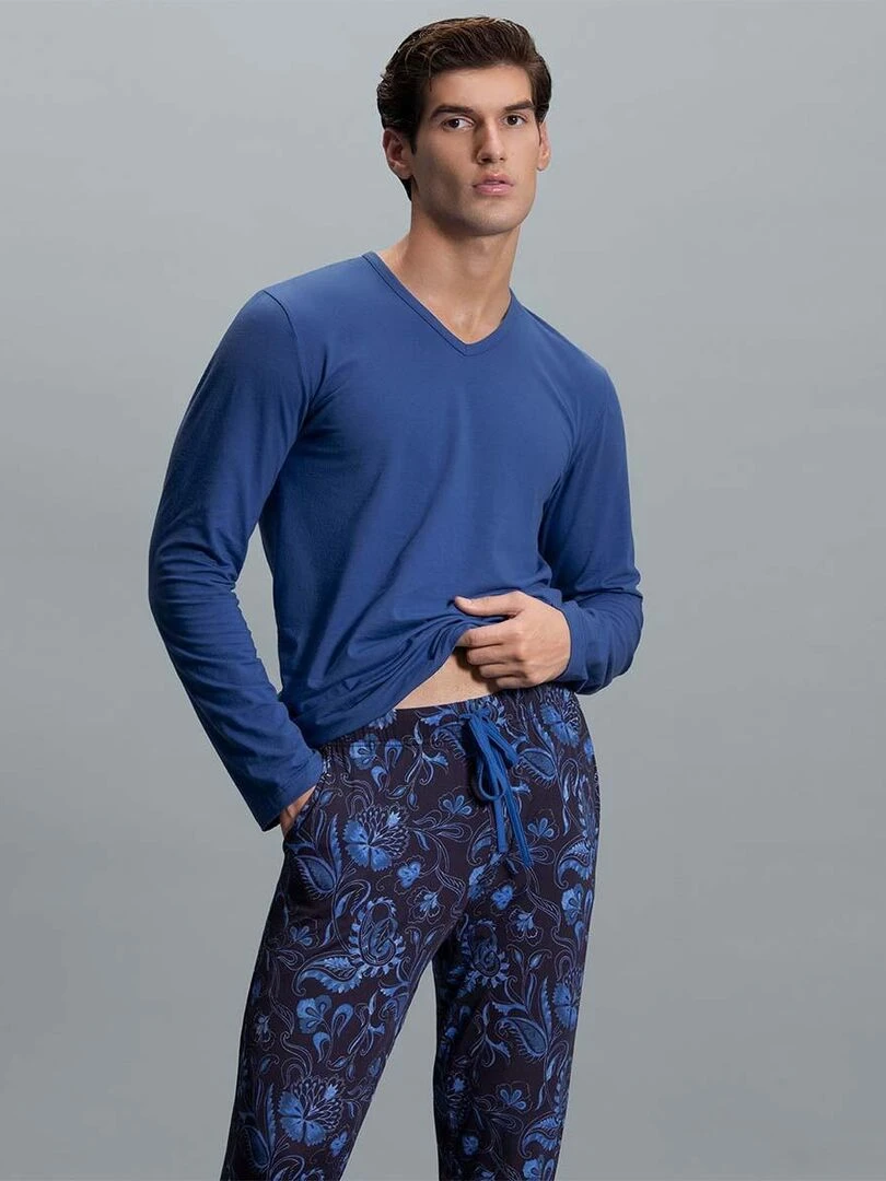 Pyjama long en lyocell et à motif cachemire Kanji   Bleu