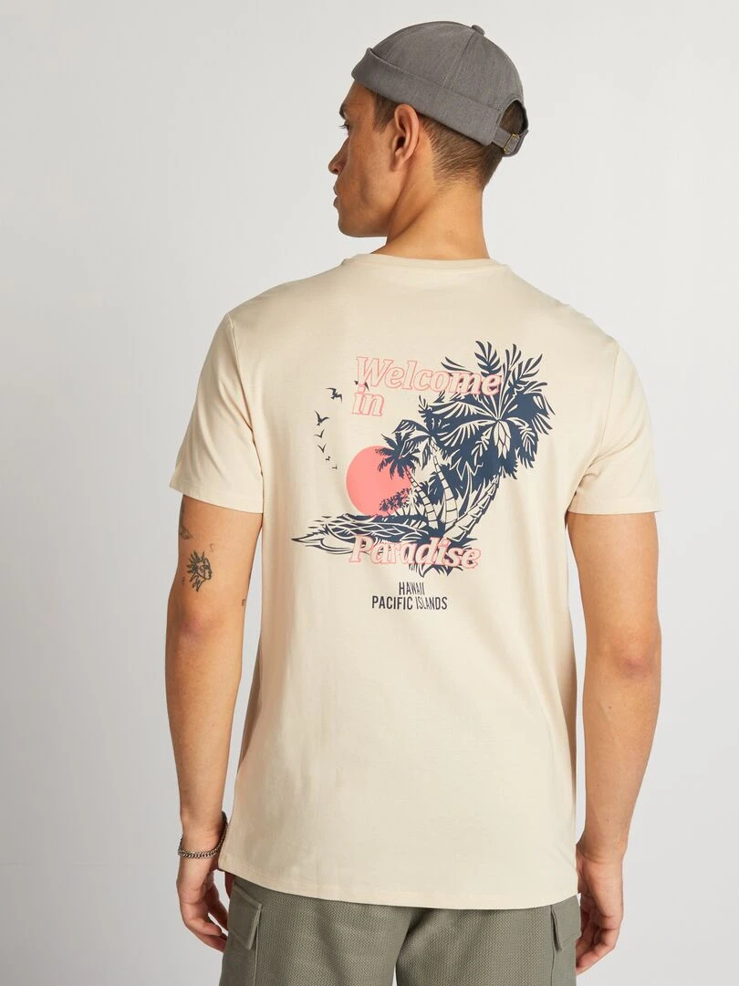 T shirt en coton imprimé à col rond   Beige