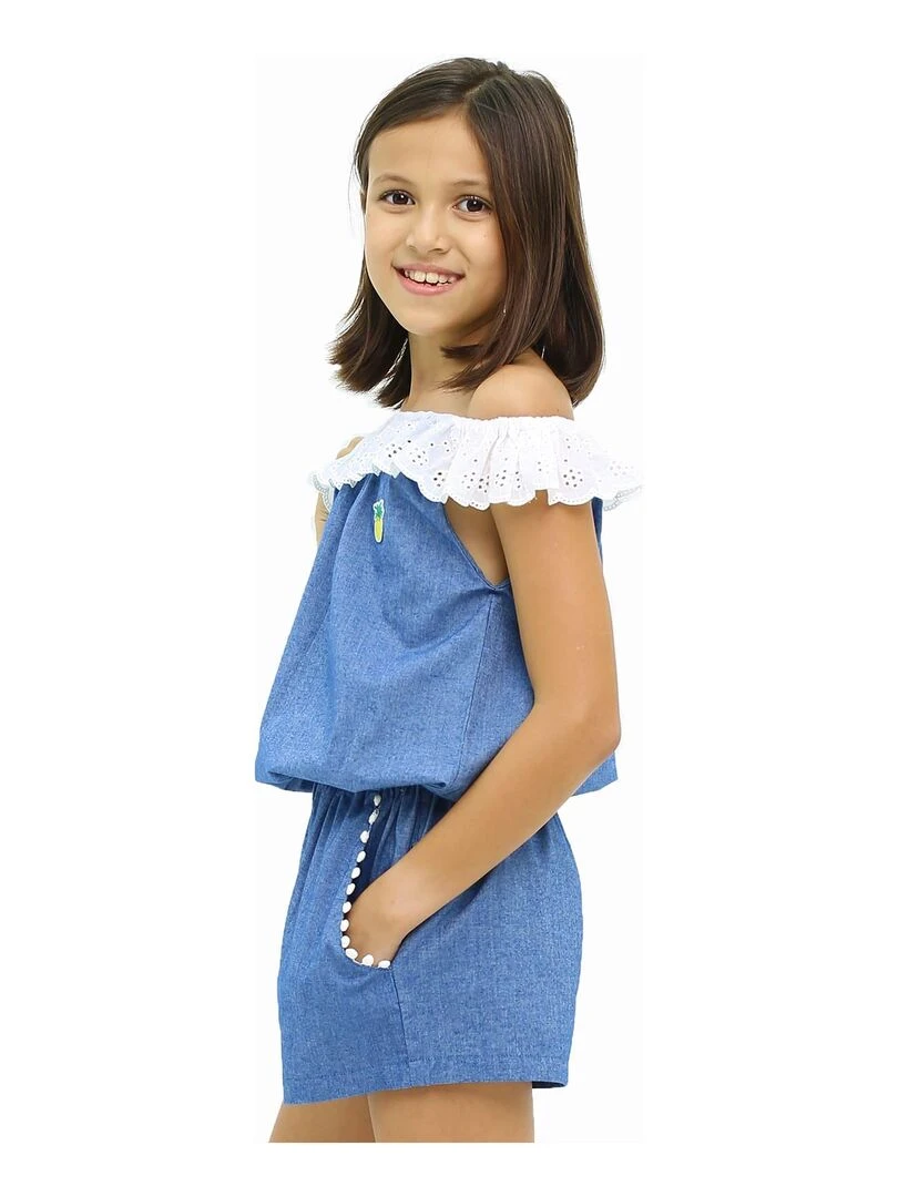 Combi Short Été Bleu Fille  Col Élastique Dentelle Blanche  LOLITA   'LA FAUTE A VOLTAIRE'   Bleu clair