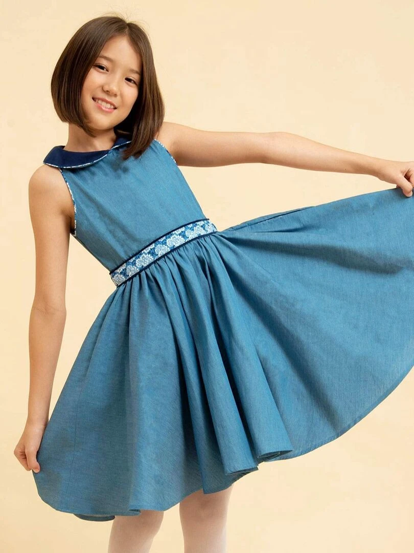 Robe Qui Tourne Fille Chambray Col Claudine HEPBURN 'LA FAUTE A VOLTAIRE' Bleu