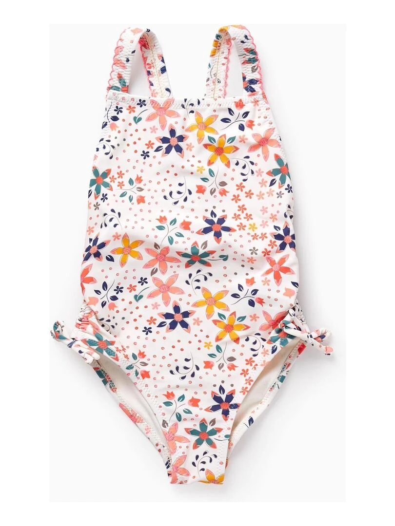 Maillot de Bain UPF80 avec Motif Floral pour Fille Blanc