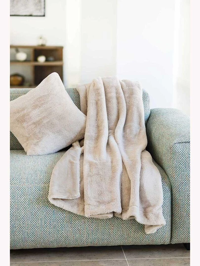 Plaid Double Face Imitation Fourrure et Polaire Beige