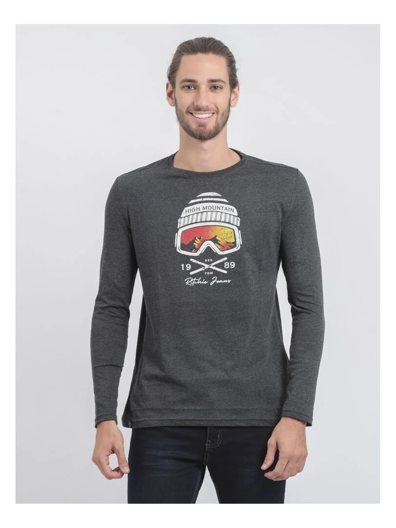 T shirt manches longues col rond pur coton JAMALA gris anthracite