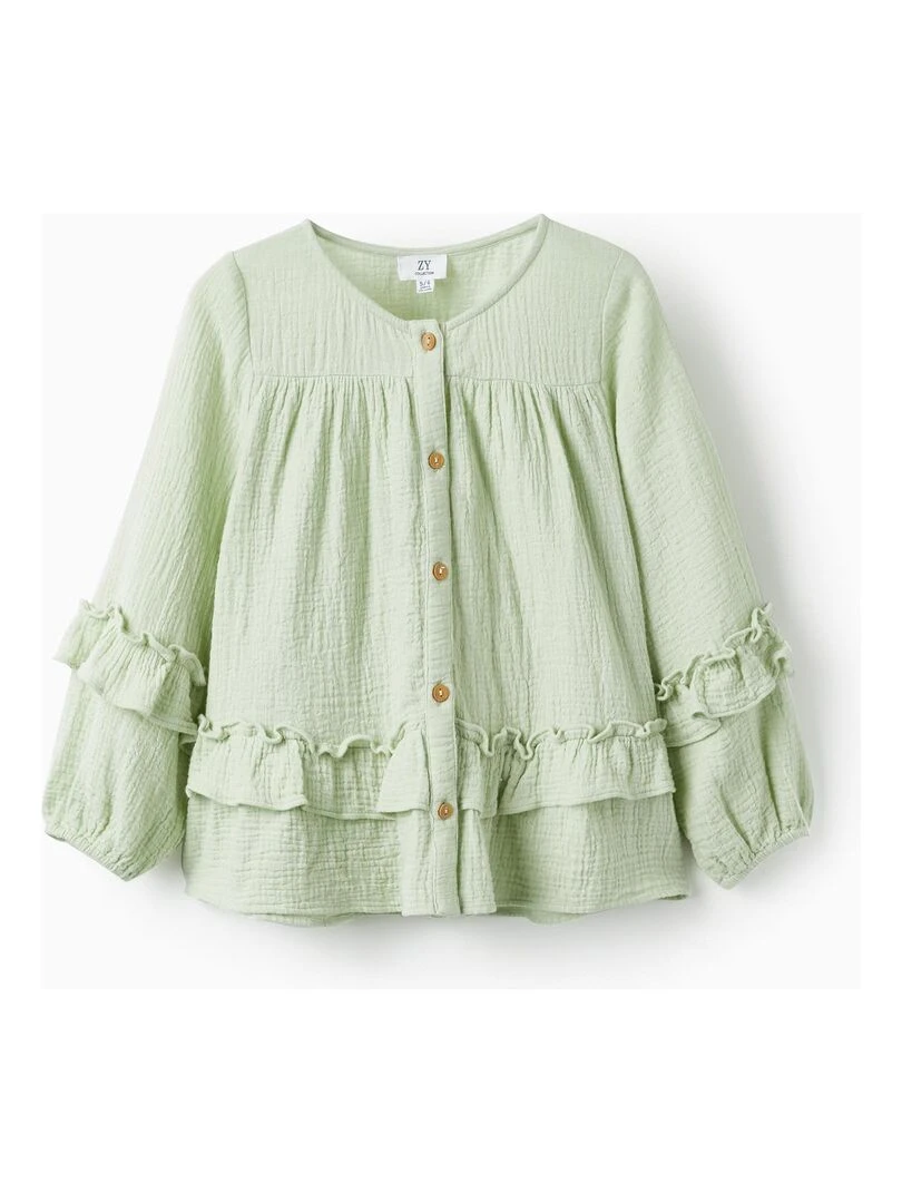 Chemise en mousseline de coton avec volants pour fille manches longues SICILIAN DAYS Vert clair