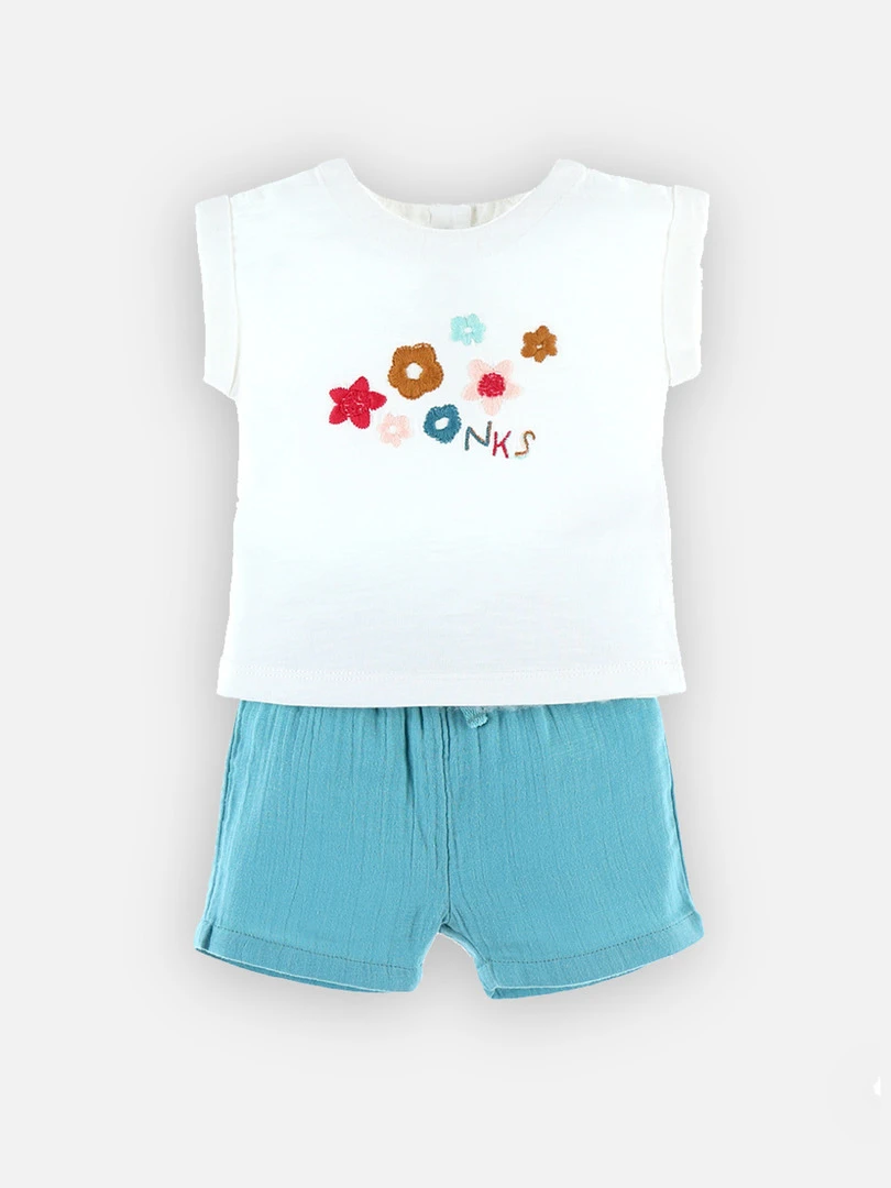 Set T shirt + Short En Coton Bio Écru/aqua Bleu