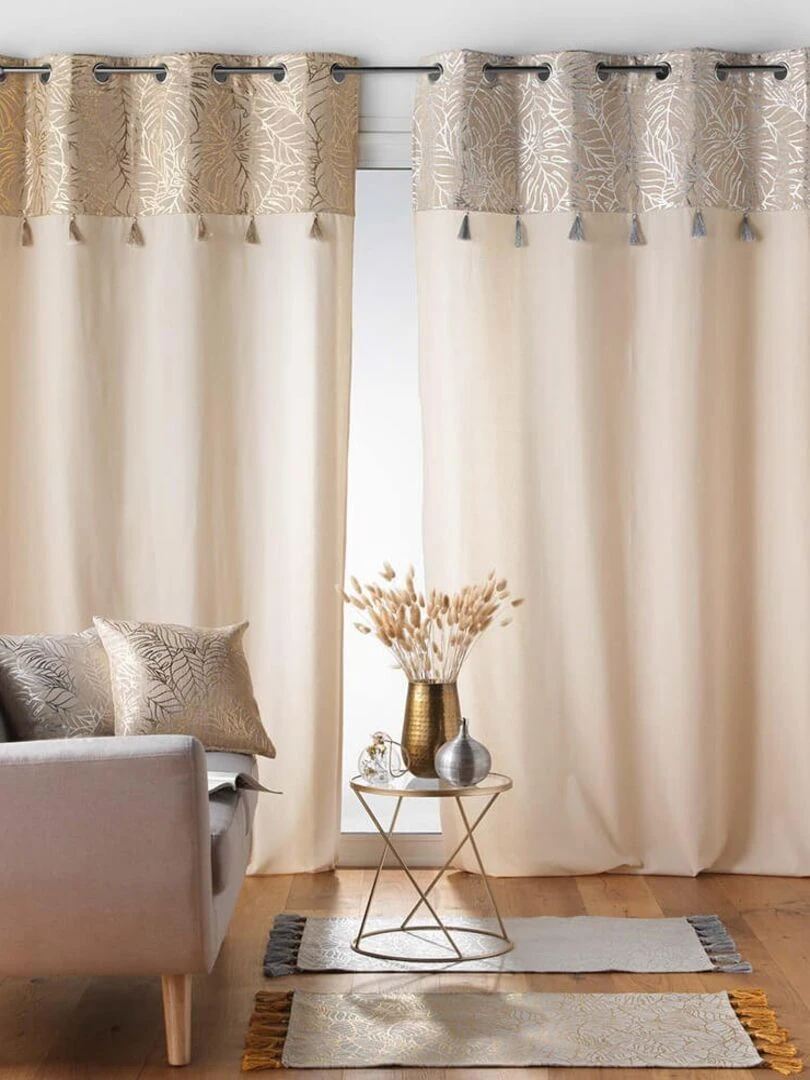 Rideau 140x240 uni top métal pompons Solea argent Beige