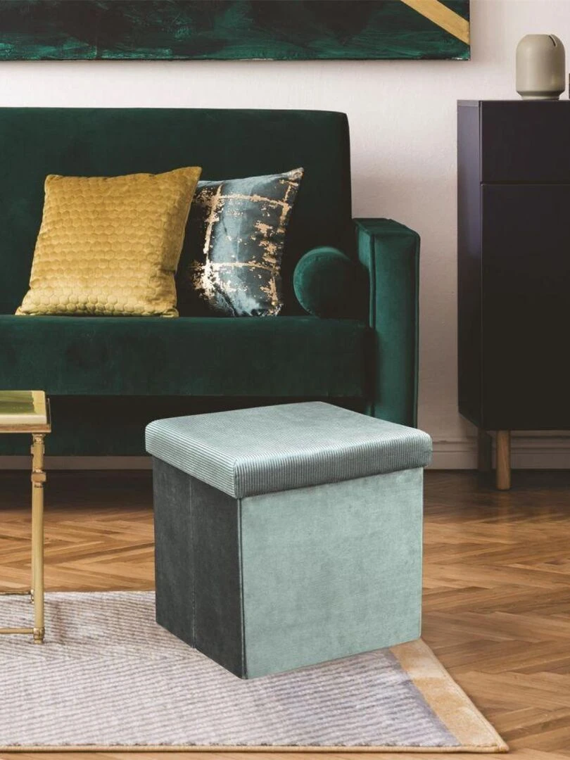 Pouf pliable coffre de rangement velours côtelé   Bleu