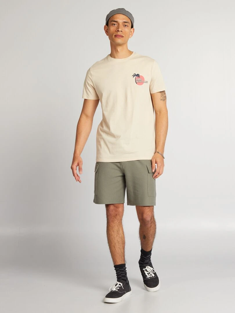 T shirt en coton imprimé à col rond   Beige