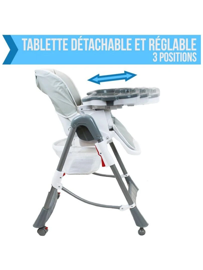 Chaise haute bébé  pliable  réglable hauteur  dossier et tablette   Ptite Perle   Monsieur Bébé   Gris