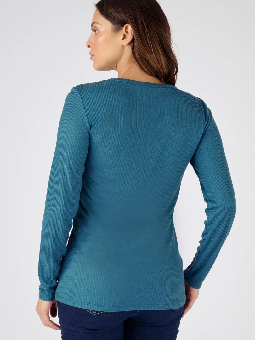 T shirt col rond maille côtelée Thermolactyl   Damart   Bleu pétrole