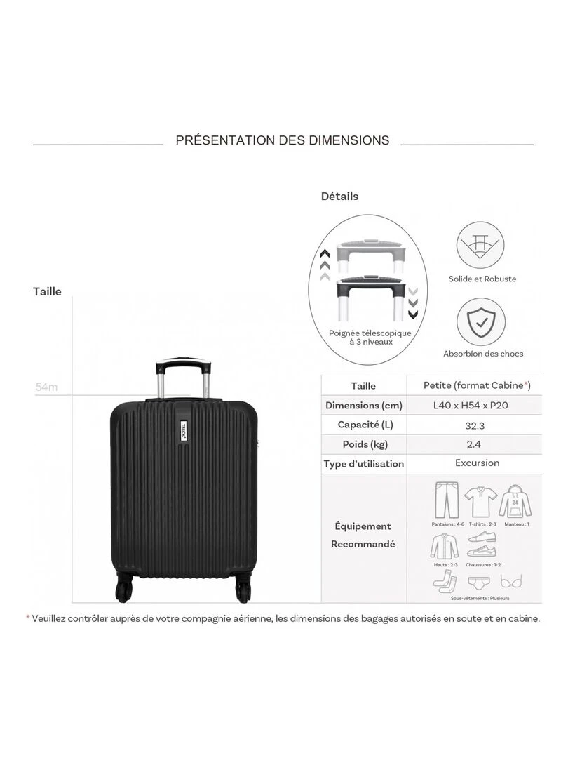 Valise cabine rigide 54cm ABS   Noir