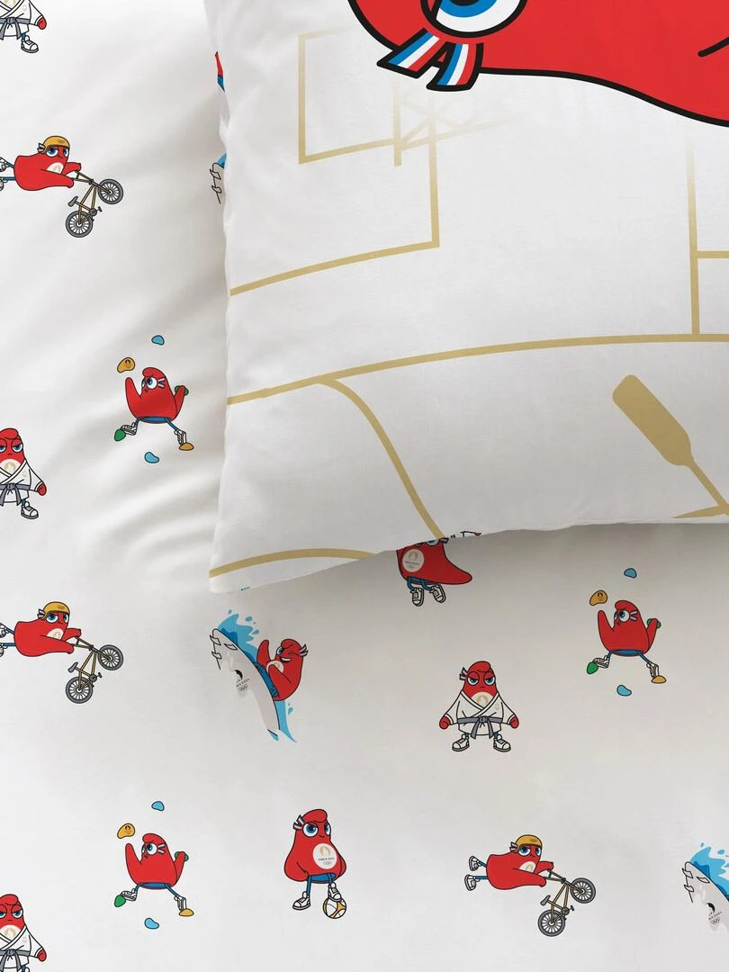 Parure de lit imprimée 100% coton PARIS 2024 MASCOTTE OLYMPIQUE SPORT Blanc