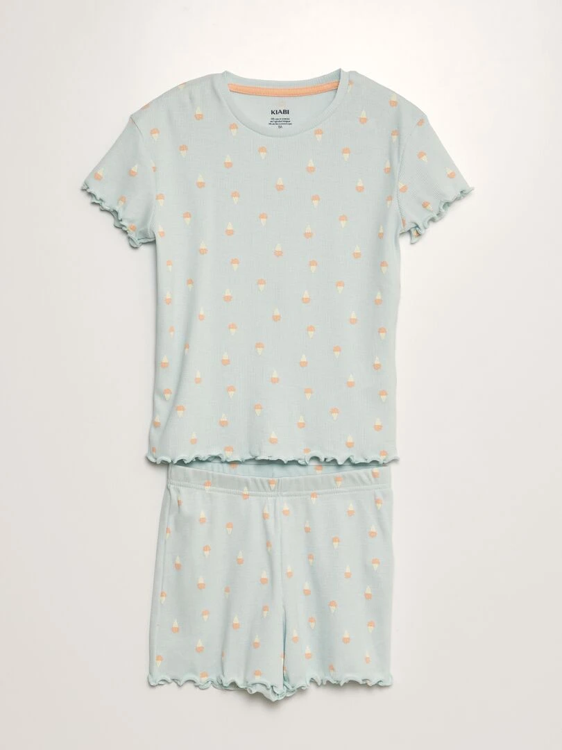 Ensemble pyjama côtelé et imprimé 2 pièces Bleu
