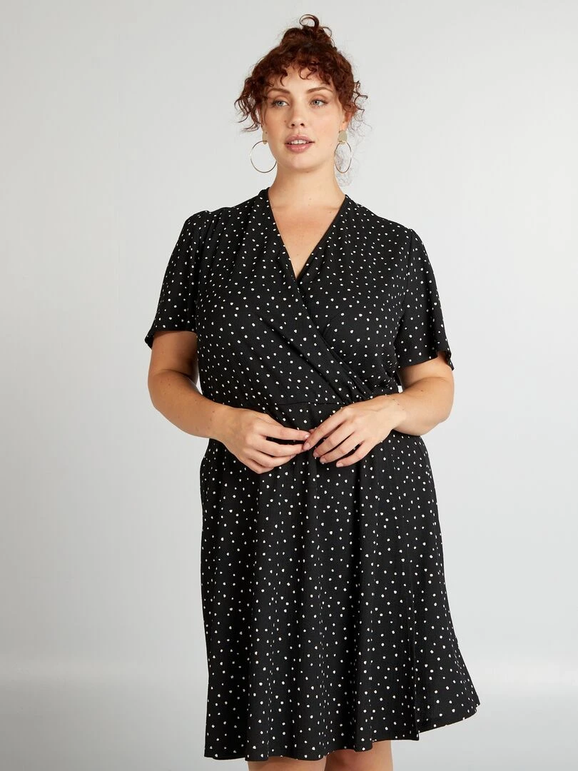 Robe portefeuille crêpée à motif Noir 'pois'
