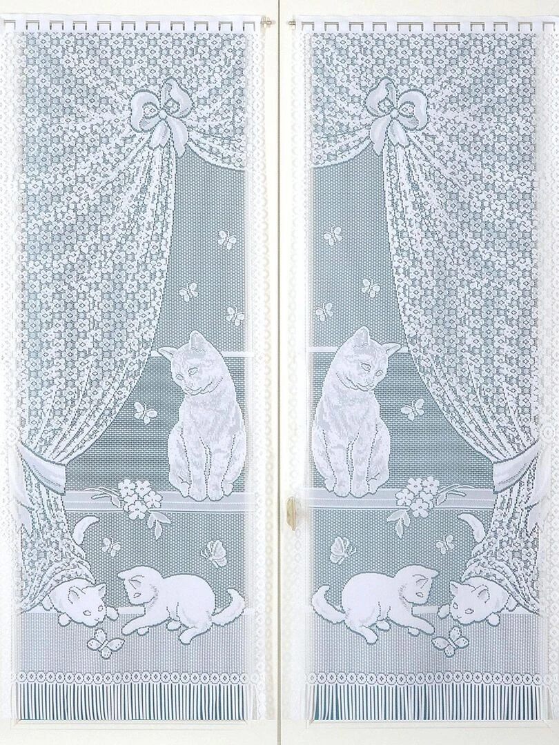 Paire de vitrages dentelle chatons et franges Blanc