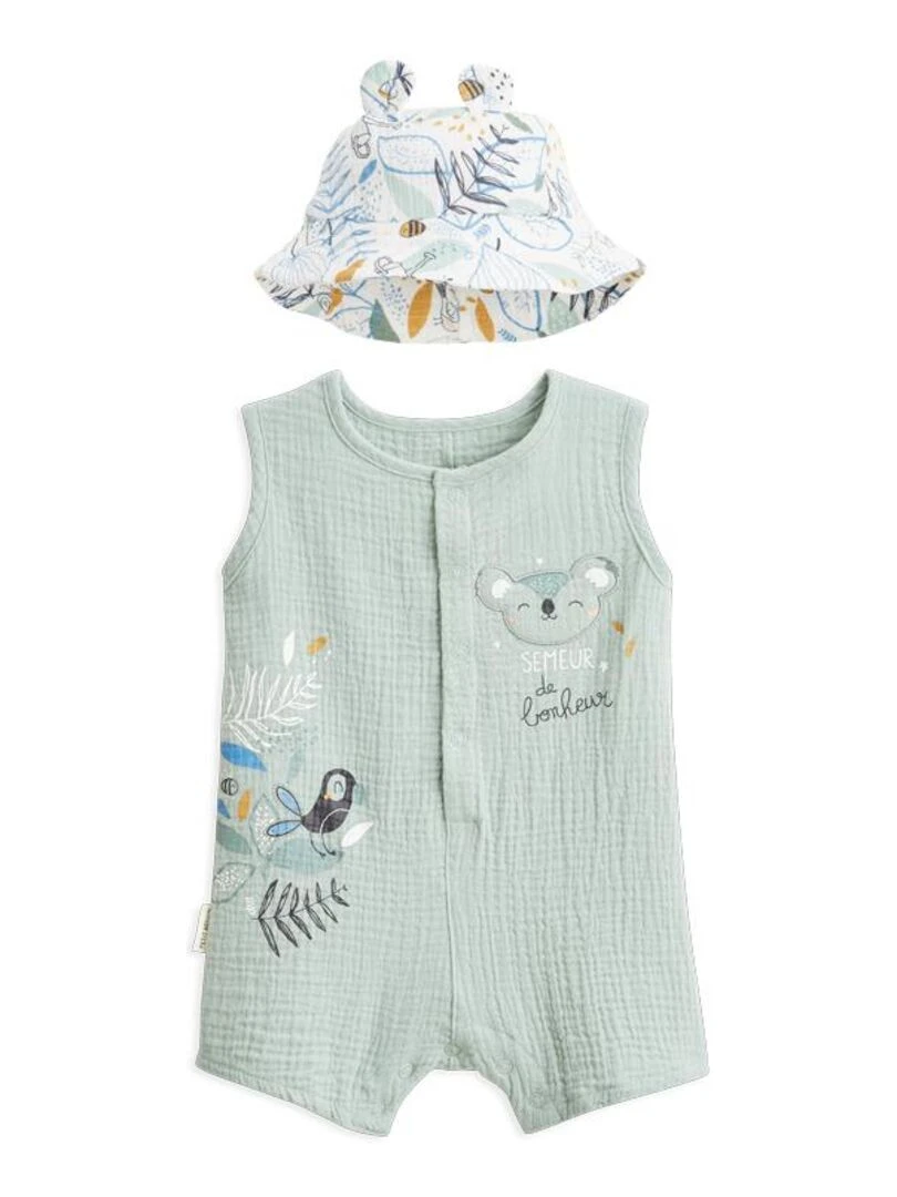 Combishort bébé + chapeau en gaze de coton Garden Party Vert