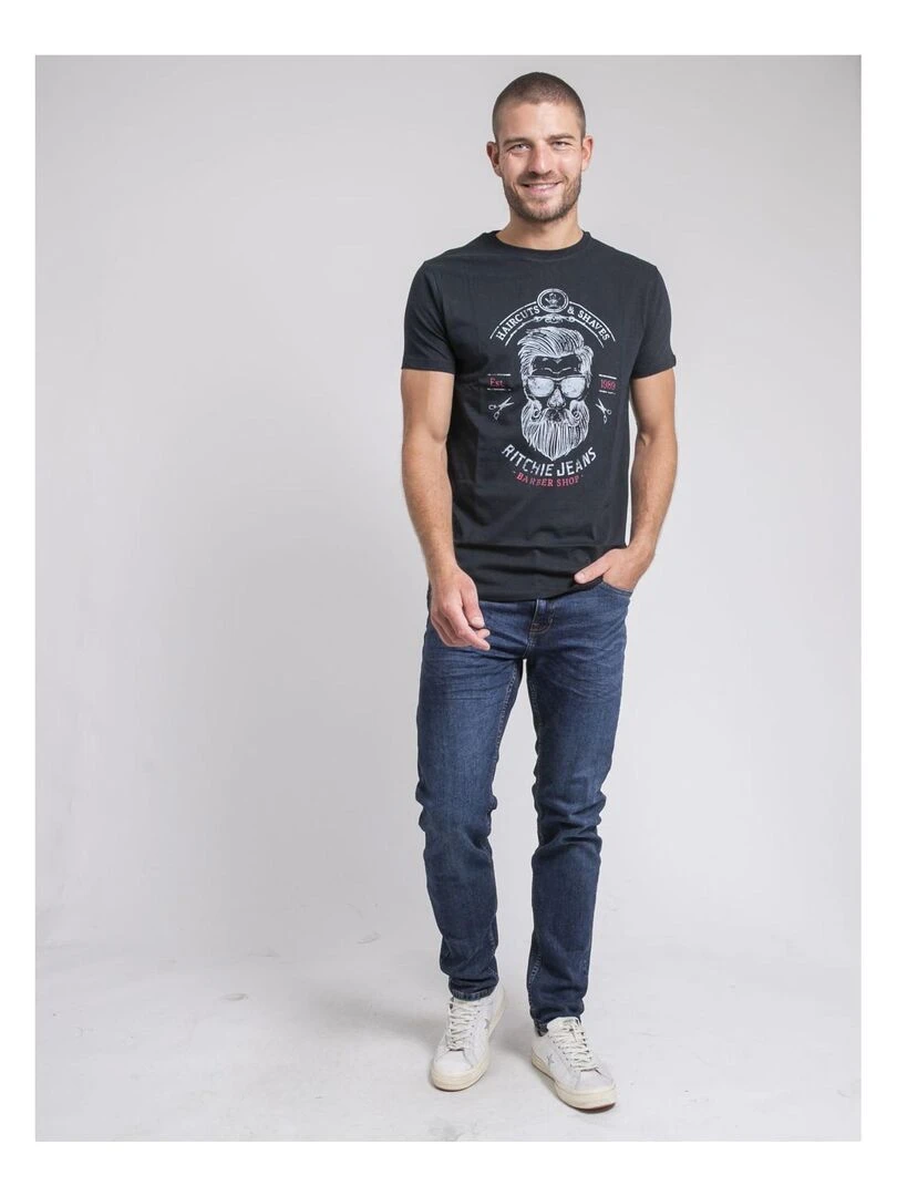 T shirt col rond pur coton JUSIX   Bleu marine