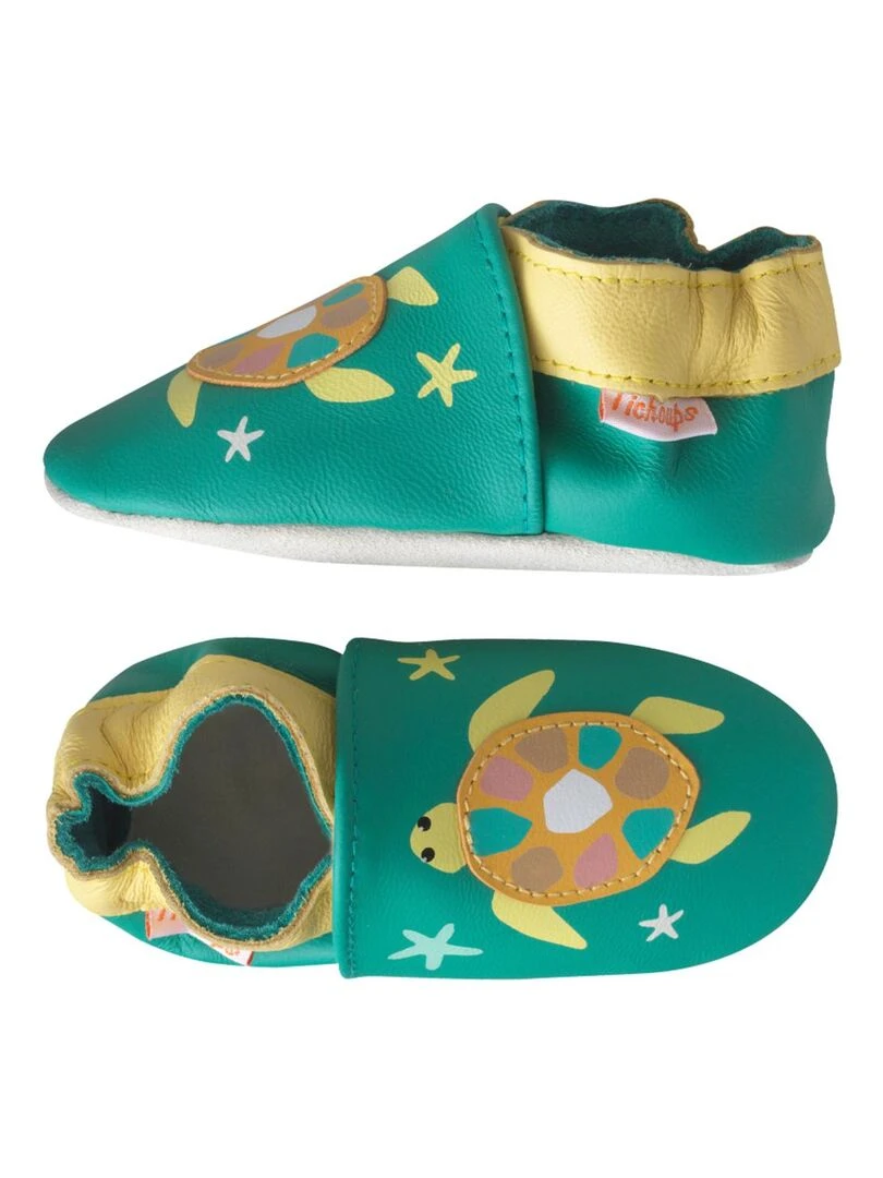 Chaussons bébé cuir souple Téa la tortue Vert