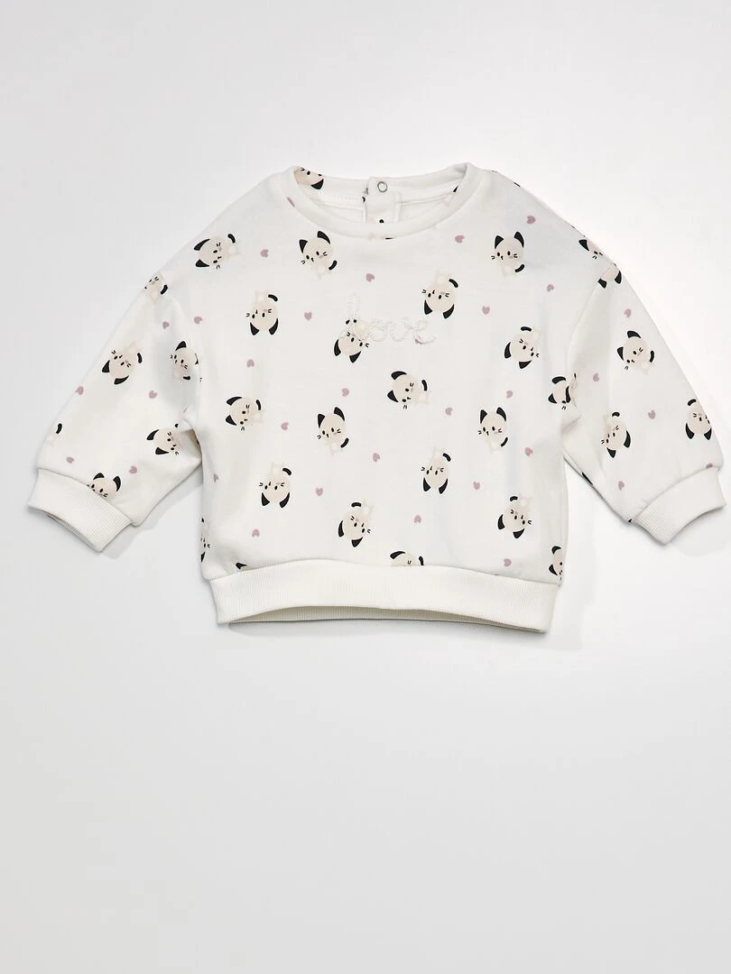 Sweat imprimé avec message brodé Blanc chat