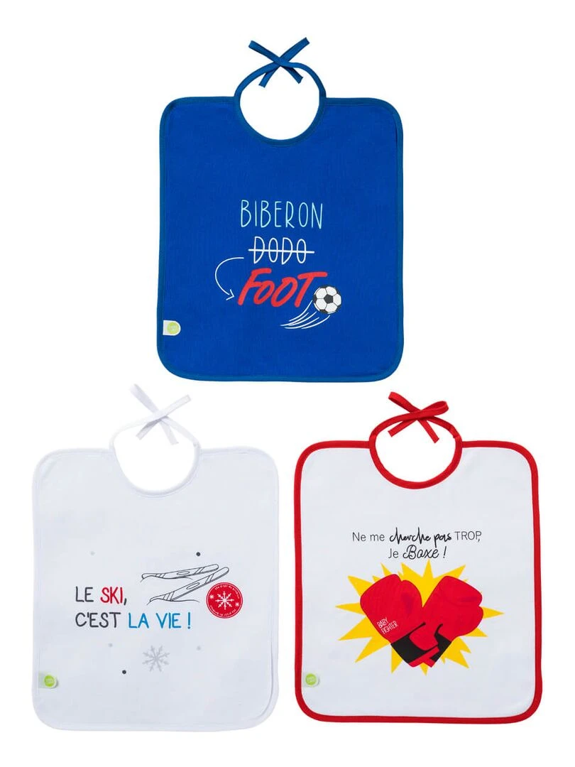 Lot de 3 bavoirs Foot Ski Boxe 6 mois Bleu