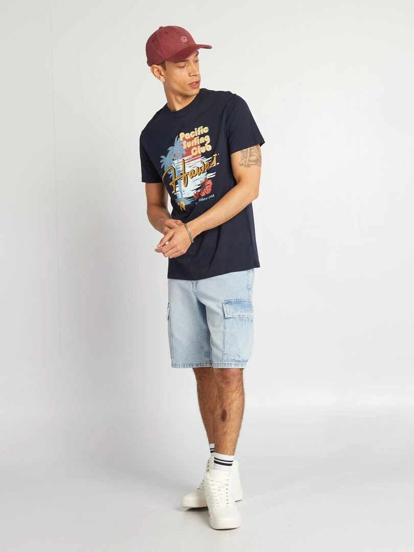 T shirt en coton imprimé à col rond Bleu marine