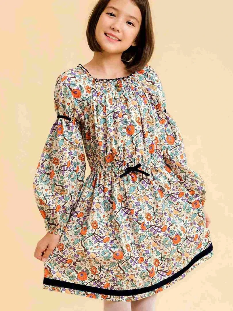 Robe Hiver Fleurie Liberty Fille Orange Vert CHIMENE 'LA FAUTE A VOLTAIRE' Orange