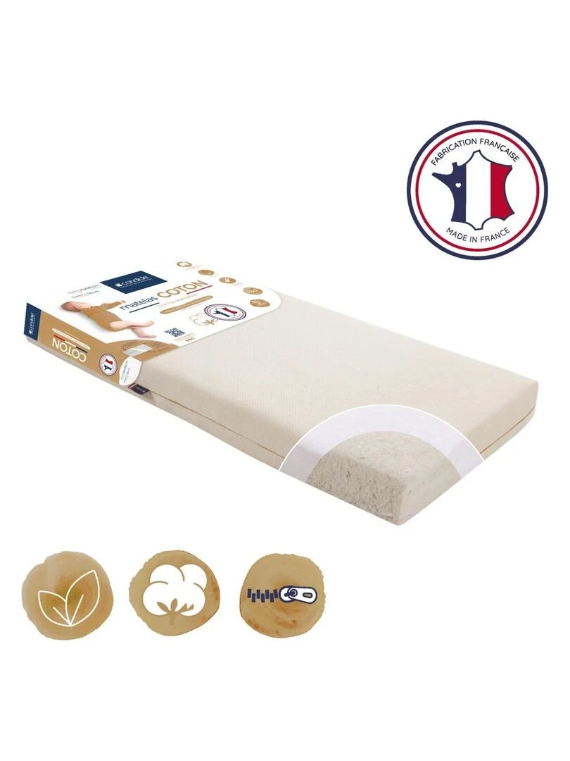 Matelas Bébé Organic Coton   70 cm x 140 cm x 12 cm   Beige