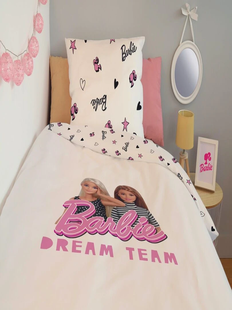 Housse de couette Barbie 140x200 cm et taie d'oreiller   100% Coton   Blanc