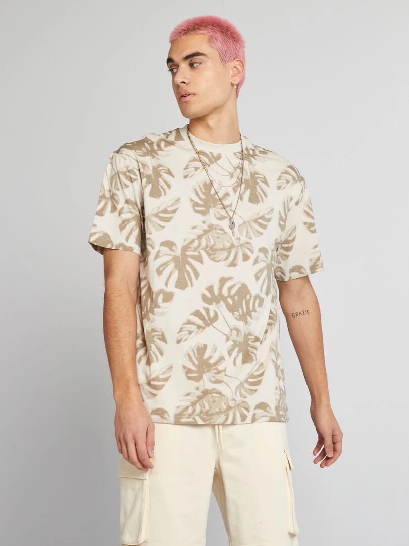 T shirt à col rond avec imprimé Beige 'feuilles'