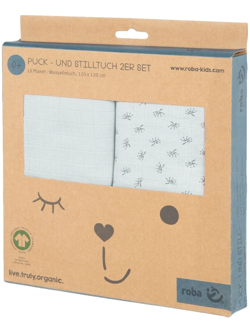 ROBA Lot 2 Serviettes d'Allaitement 'Lil Planet'   120 x120   Coton Bio OEKOTEX   Bleu clair