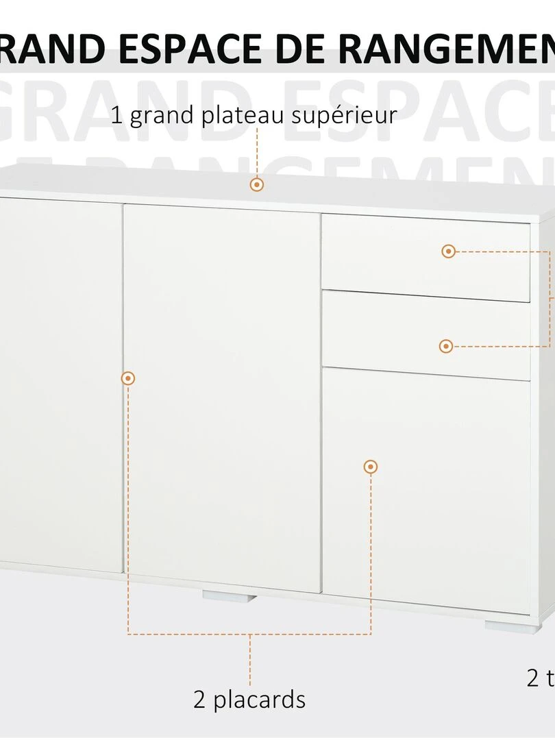 Commode buffet 2 tiroirs 3 portes 117 x 36 x 74 cm   Blanc