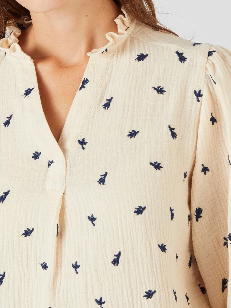 Blouse gaze de coton brodée Damart Ivoire