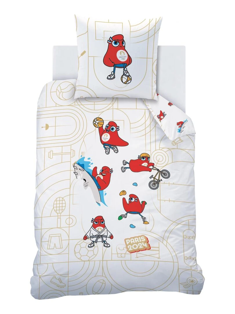 Parure de lit imprimée 100% coton  PARIS 2024 MASCOTTE OLYMPIQUE SPORT   Blanc
