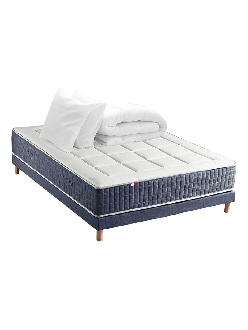 Ensemble Matelas Ressort 7 zones + Mémoire de forme + Sommier KING STYLE + couette + oreillers Blanc