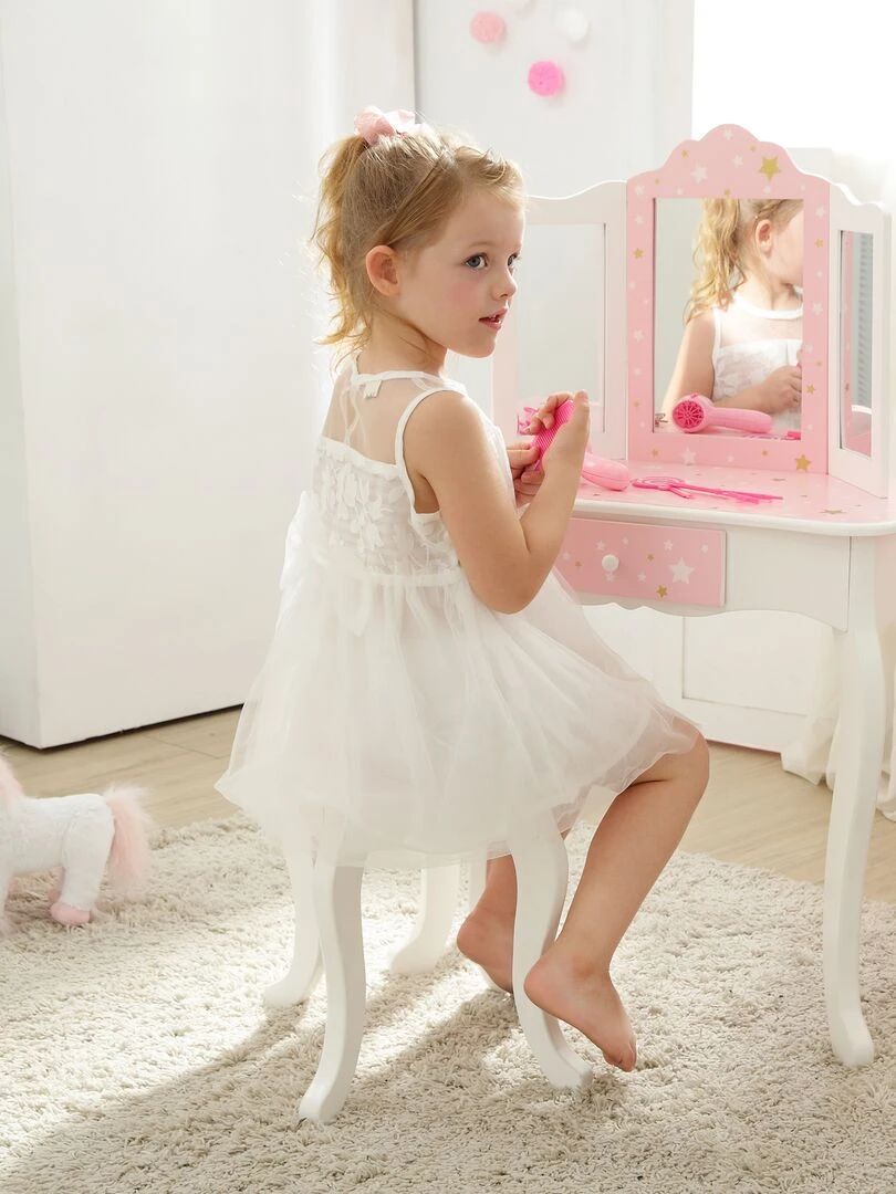 Coiffeuse enfant en bois table maquillage miroir tabouret Fantasy Fields Teamson TD 11670Q   Rose