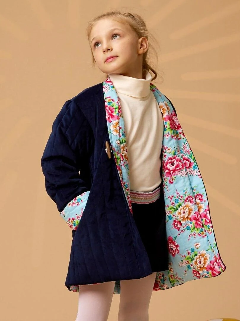 Veste Chinoise Fille Velours Bleu Marine Réversible Fleurie Turquoise KIM 'LA FAUTE A VOLTAIRE' Bleu marine