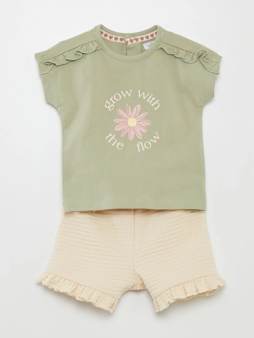 Ensemble T shirt imprimé + short en maille 2 pièces vert/beige