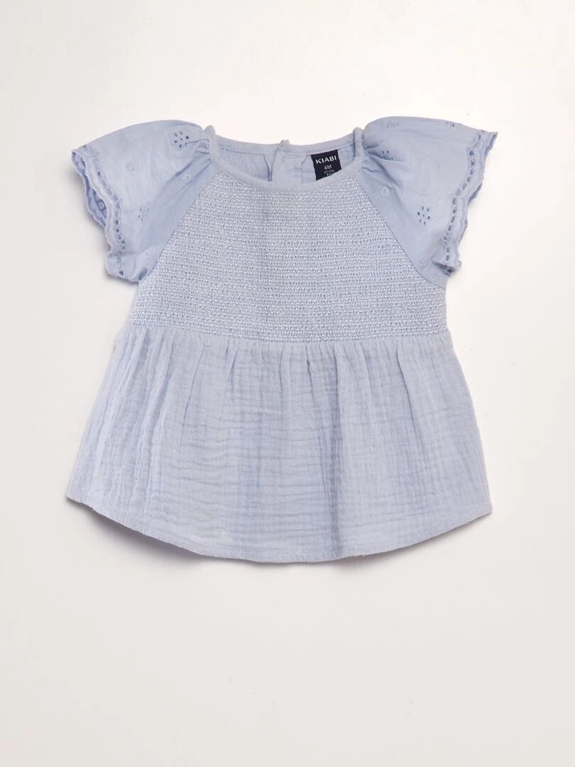 Blouse en gaze de coton avec broderies anglaises Bleu