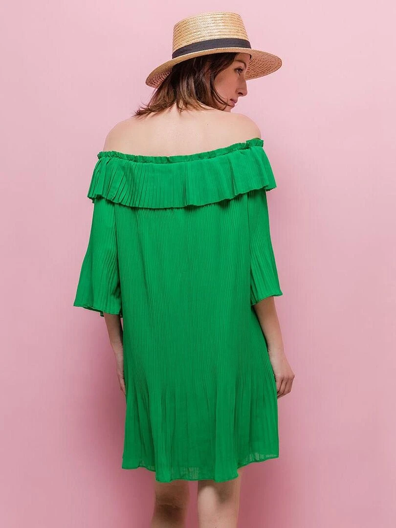 Robe plissée épaules dénudées verte Vert