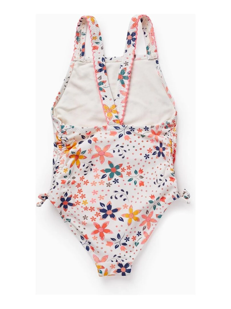 Maillot de Bain UPF80 avec Motif Floral pour Fille Blanc