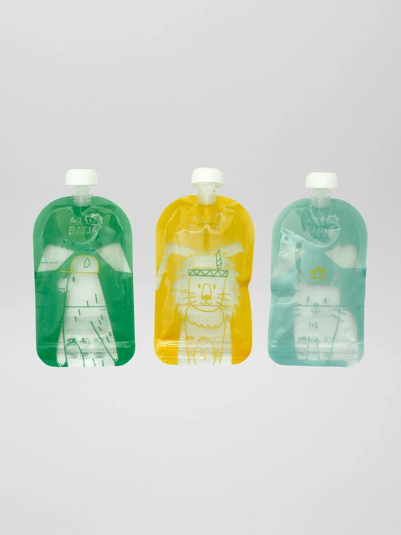 Lot de 15 gourdes réutilisable 'Badabulle' Vert/jaune/bleu